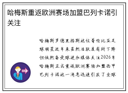 哈梅斯重返欧洲赛场加盟巴列卡诺引关注